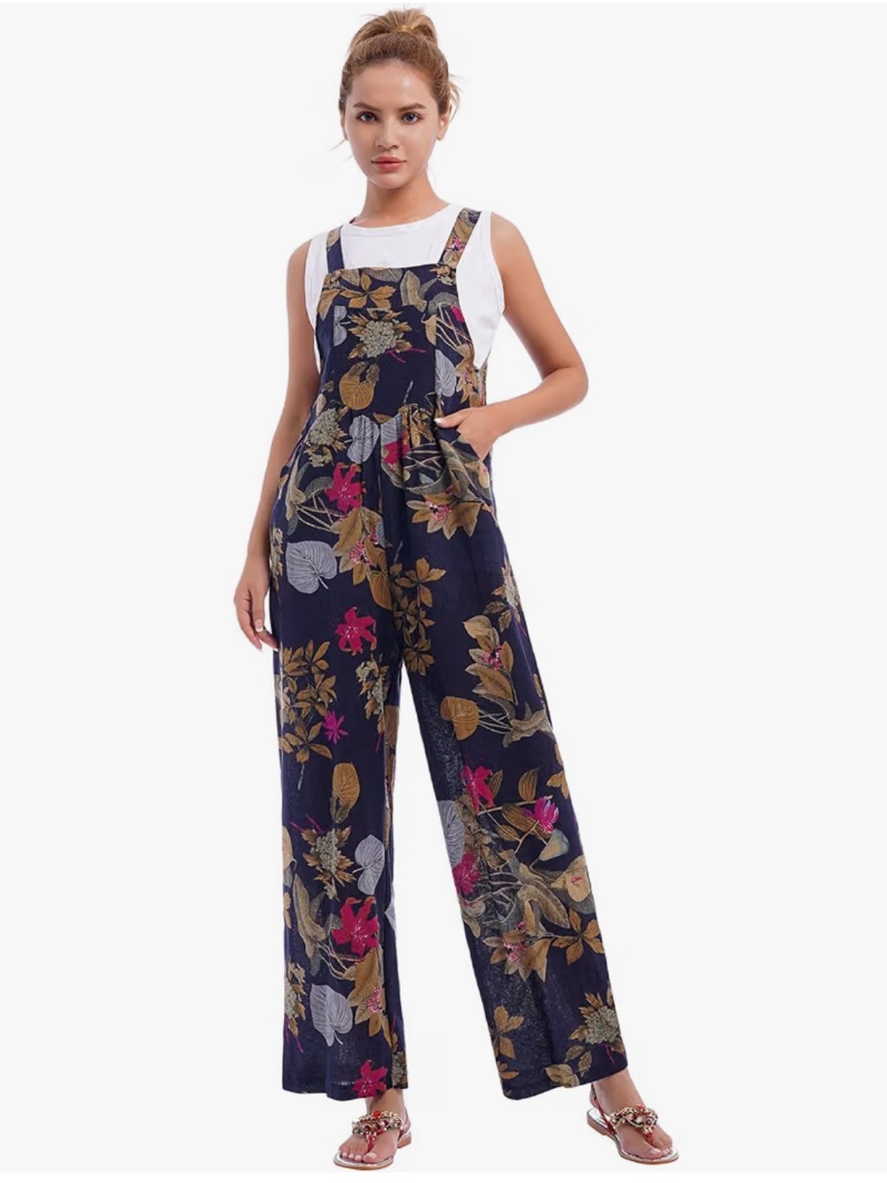 Navy blue tropical floral pattern overall/jump suit with bottons